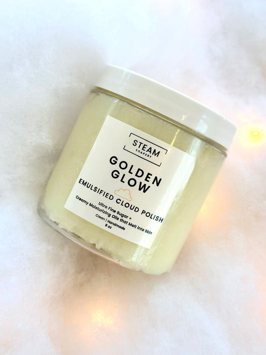 Golden Glow Cloud Polish – whipped mango body scrub in clear jar